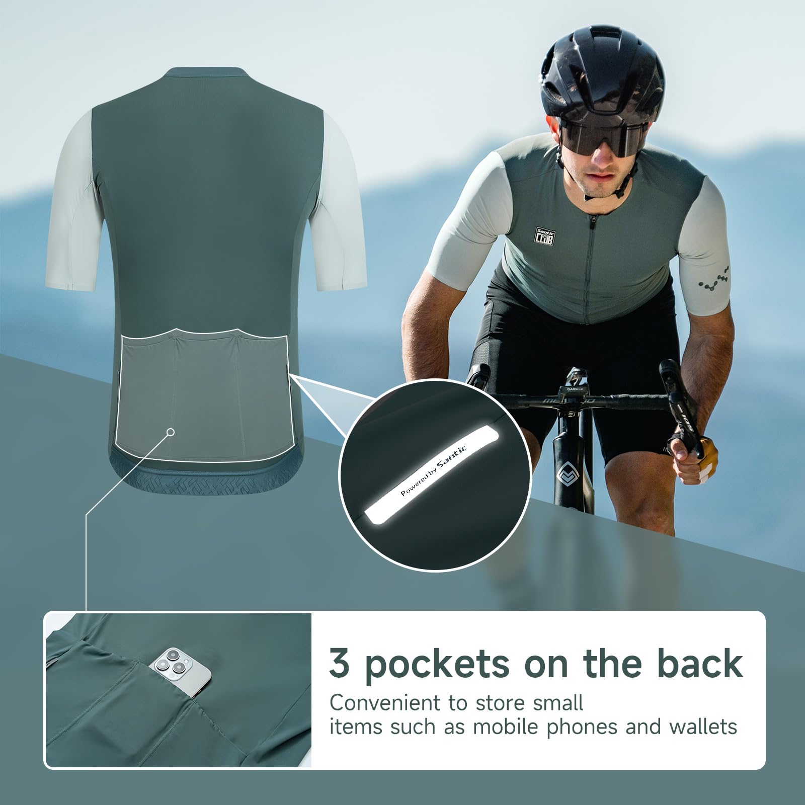 Santic Herren Radtrikot Kurzarm Tops Pro Rennrad Shirt Full Zipper UPF 50+ Fahrradtrikot mit Taschen
