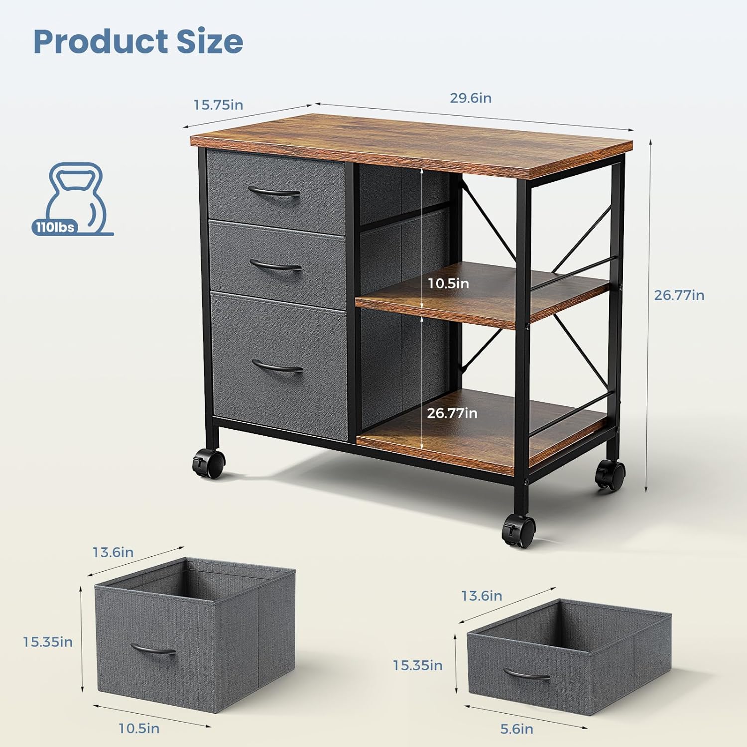 DUMOS 3-Tier Mobile File Cabinet, Printer Stand with Storage, Office Table with Drawers and Back Support Bar, Holds 110lb for Home Office, Rustic Brown