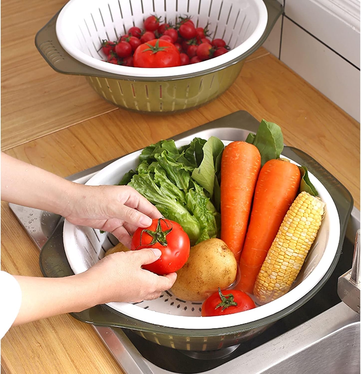 Draining Rack Colander/Filter Bowl with Lid Double-Layer Detachable Kitchen Sink Drain Basket Multi-Functional Household Fruit Plate Bowl for Washing Veggie Drainage Rack(A,Large)