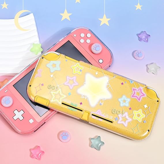DLseego Protective Case Suitable for Switch Lite Console 2019, TPU Soft Shell Anti-Slip Shock-Absorption Crystal Protective Heart Games Case with 2 PCS Cute Cat Paw Thumb Grips Caps - Glitter Yellow