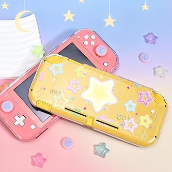 DLseego Protective Case Suitable for Switch Lite Console 2019, TPU Soft Shell Anti-Slip Shock-Absorption Crystal Protective Heart Games Case with 2 PCS Cute Cat Paw Thumb Grips Caps - Glitter Yellow