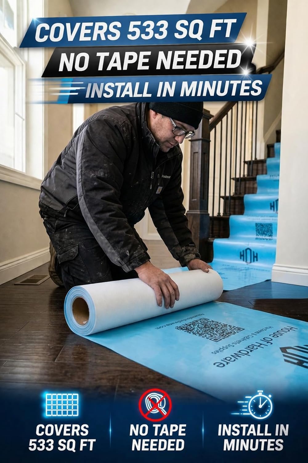 Temporary Floor Protection Roll – 39" x 164 ft (533 sq ft Coverage) – Self-Adhesive, Anti-Slip, Waterproof – Heavy Duty Surface & Floor Protector for Construction, Painting & Renovation