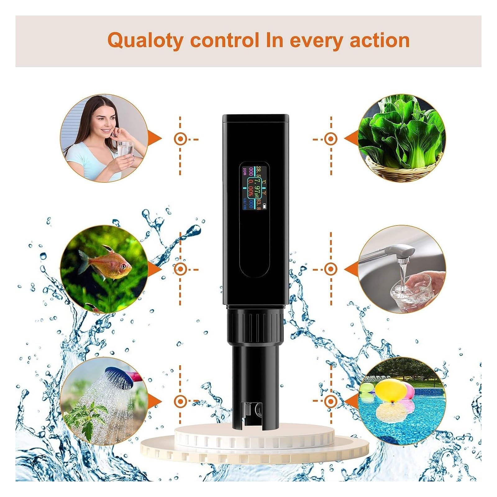 Probador recargable 5 en 1 de alta precisión, salinidad, PH, temperatura, EC y TDS for agua potable doméstica, acuario, piscina, Spa, Probador preciso