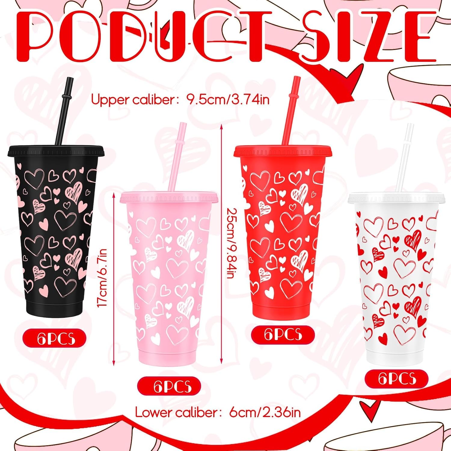 Denylo pro 24 Sets Galentines Day Coffee Cups Valentines Plastic Cups with Straw Heart Reusable Cups 27 OZ Drinking Tea Valentines Coffee Cups for Valentines Day Gifts Galentine's Day Party Supplies - Image 2