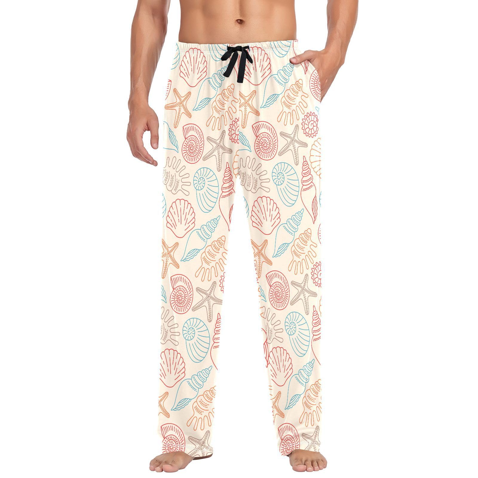 Pyjamahose für Herren, Motiv: Doodle Seashells, Sea Life Herren-Pyjamahose, 100 % Baumwolle, Schlafhose, gerade Passform, Pyjamahose mit Taschen, Kordelzug, Größe L, mehrfarbig, L