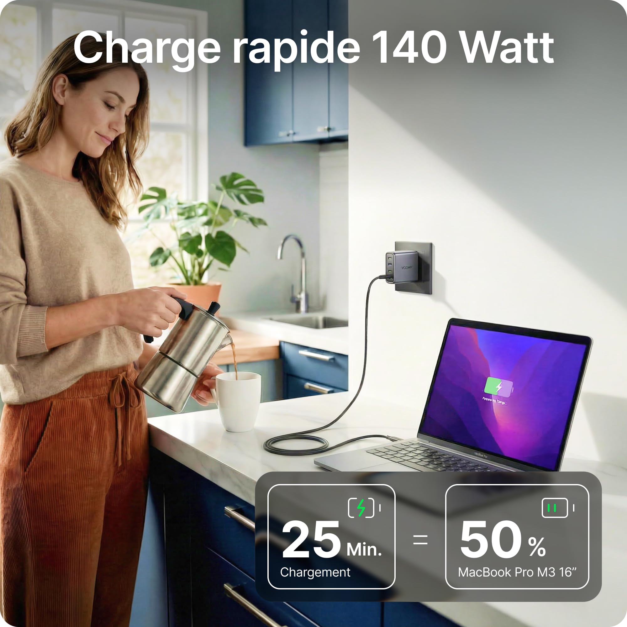 Voomy Adaptateur de Charge USB C 140W 4 en 1, Chargeur Rapide GaN pour Ordinateur Portable, Tablette et Smartphone (140, Watts)