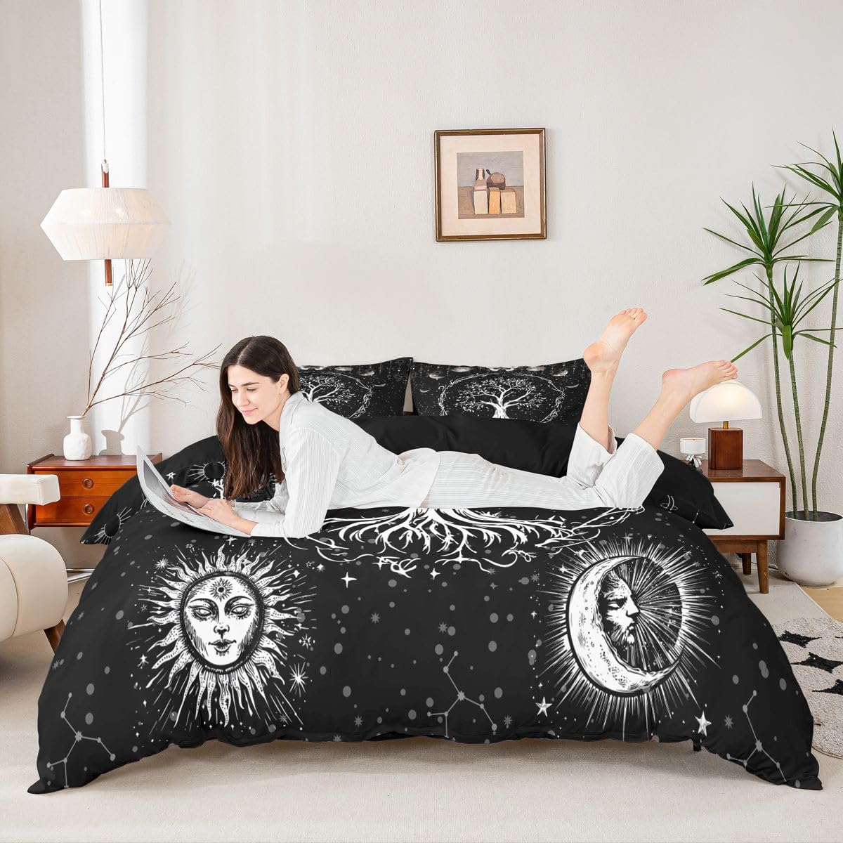 Sun and Moon Duvet Cover Bohemian Tree Butterfly Bedding Set Psychedelic Hippie Comforter Cover for Boys Girls Children Teens Bedroom Decor Galaxy Astrology Bedspread Cover Twin With 1 Pillow Case
