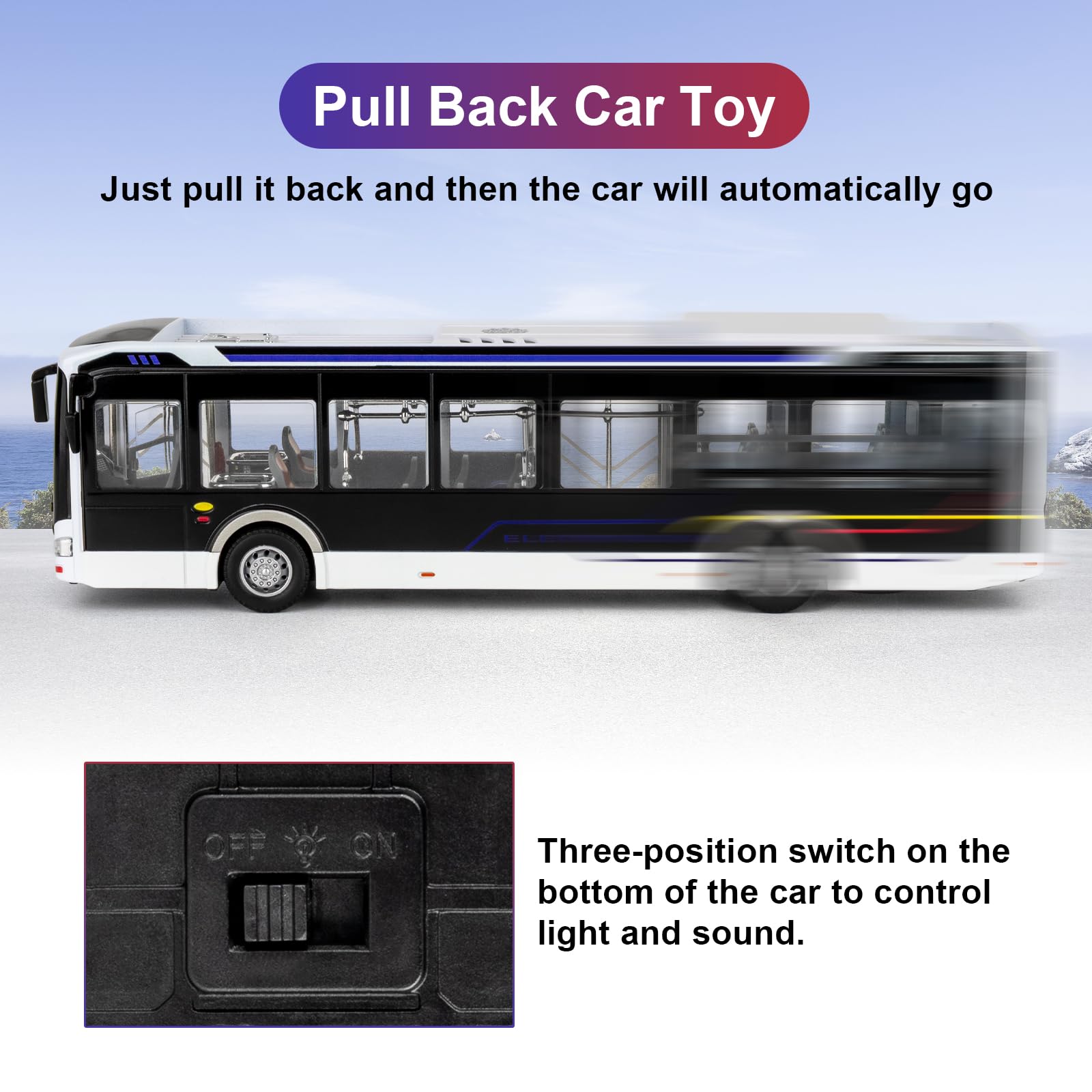 Voiture jouet autobus 1/42 pour enfants, véhicule en métal avec mécanisme de rétraction, son et lumière, modèle de bus avec cadeau d'anniversaire pour garçons et filles à partir de 3 ans, noir