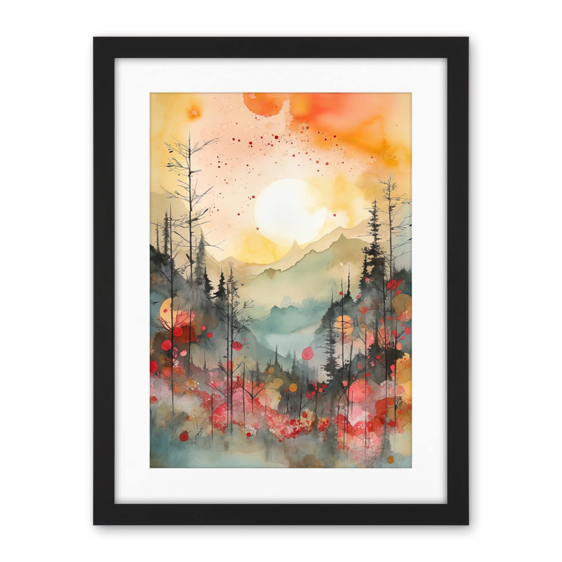 Artery8 Sunrise Over Misty Mountain Forest Landscape Modern Watercolour Painting Artwork Framed Wall Art Print 18X24 Inch