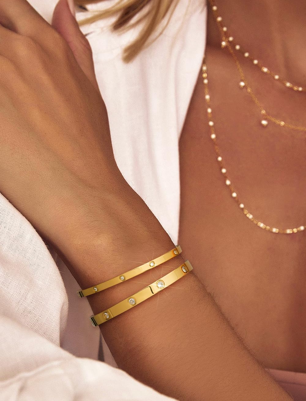 Howoo Gold Bangle Bracelets for Women 14K Zirconia Tennis Gold Bracelet Stack Jewelry Set Gifts for Trendy - Image 2