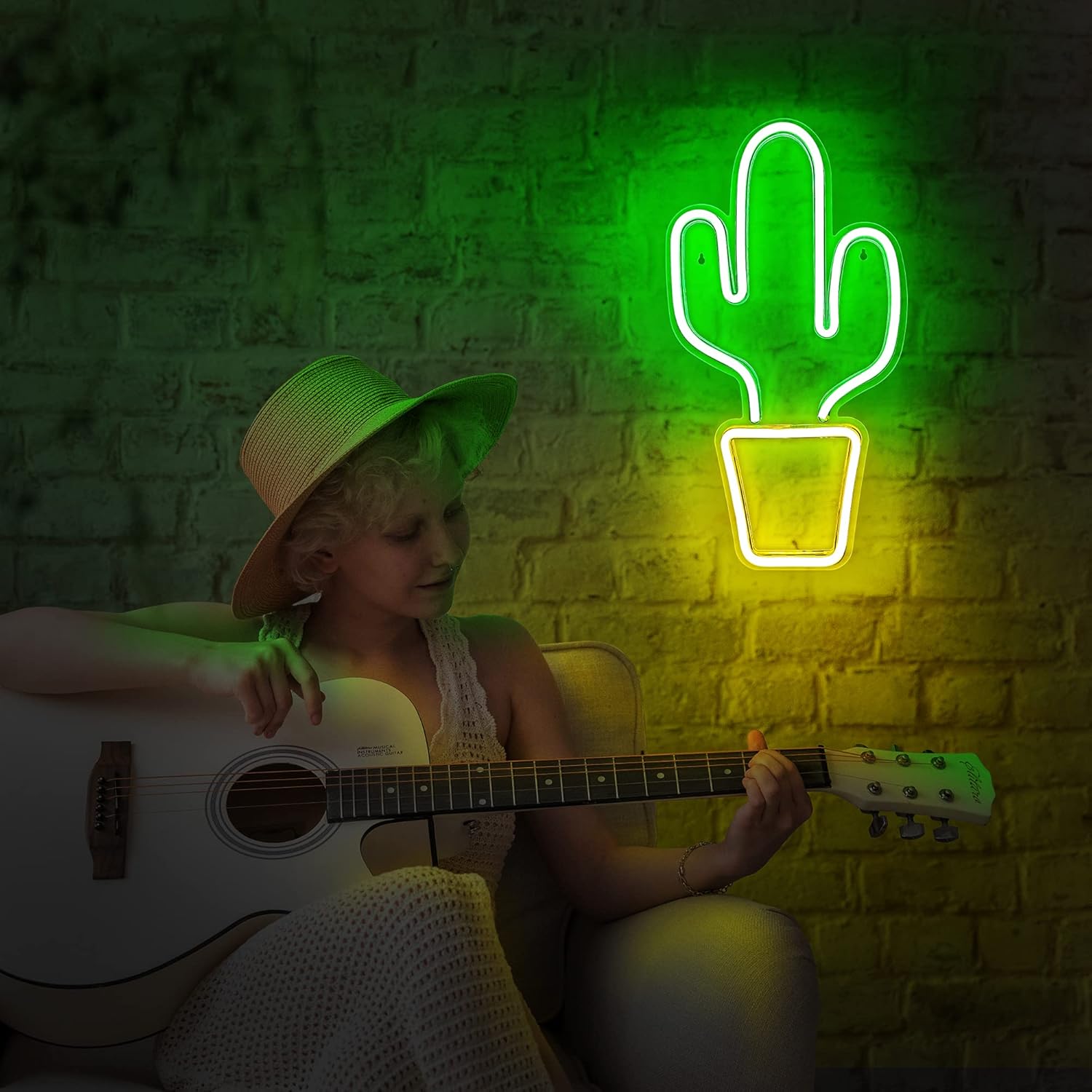 Lumoonosity Cactus Lights - Yellow & Green Cactus Neon Light for Bedroom - USB Powered Led Neon Signs with Switch - 18.5 x 10-inch