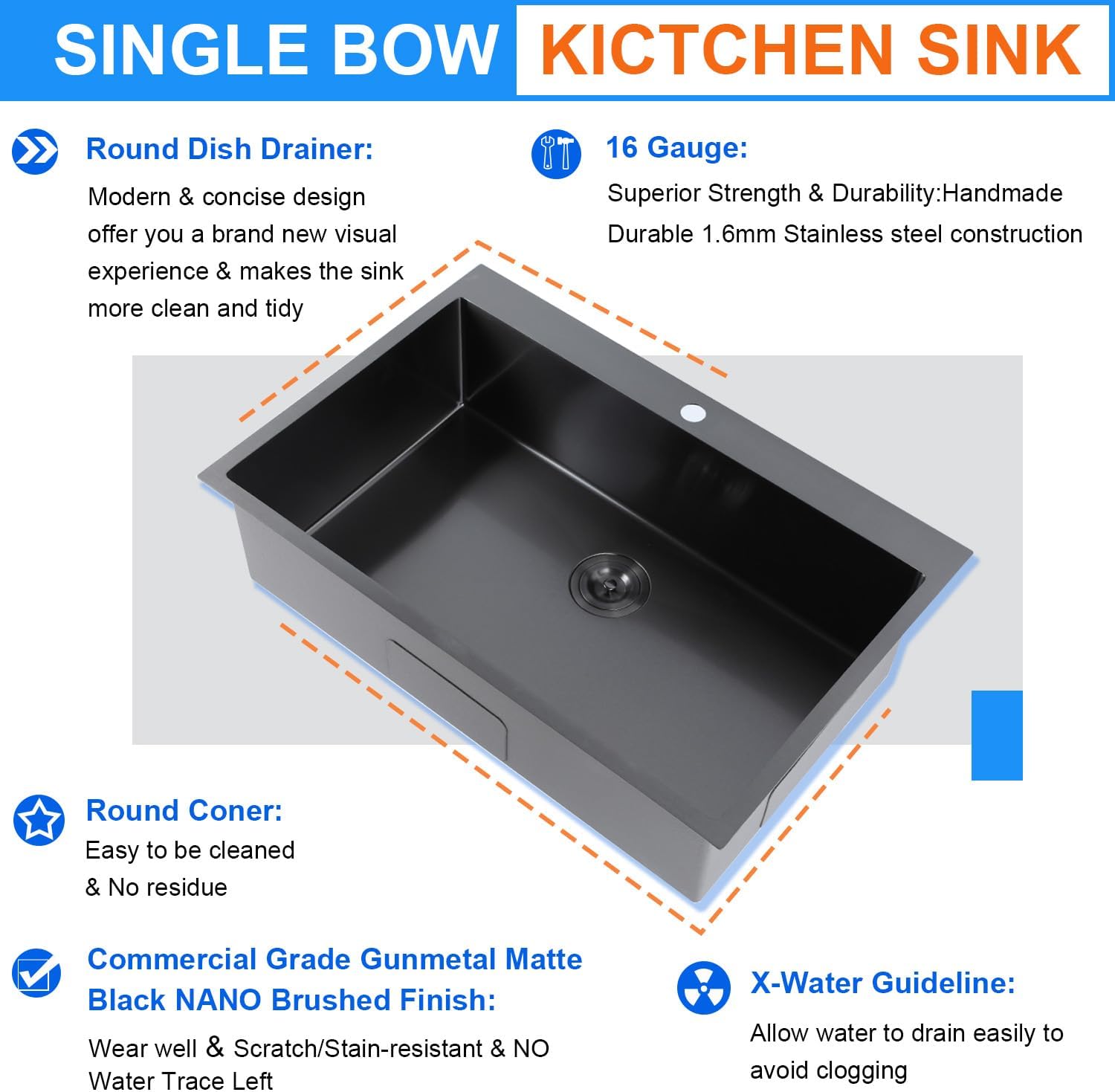 33x22 Drop In Kitchen Sink, Gunmetal Black 16 Gauge Stainless Steel Topmount Single Bowl, Modern Handmade 9 Inch Deep Kitchen Laundry Utility Sink