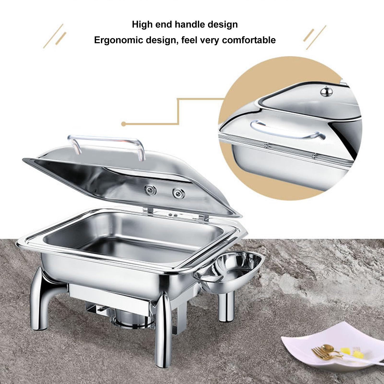 Juego de calentador de alimentos para catering con de frotamiento cuadrado de acero inoxidable de 6 litros con bandeja para alimentos y tapa de vidrio para servir buffet en