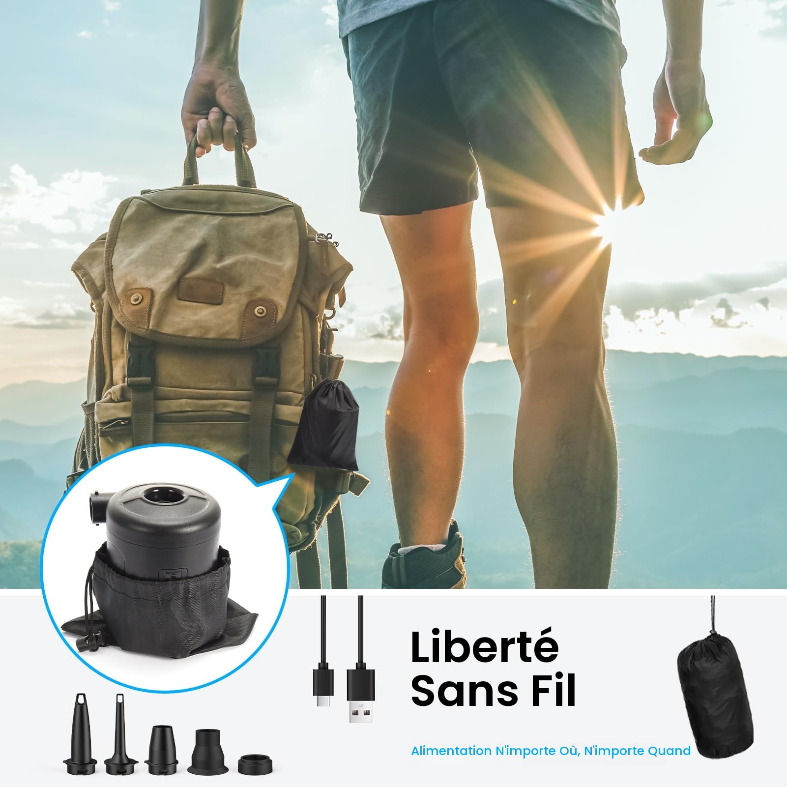 Gonfleur Electrique,6000mAh Gonfleur Matelas Gonflable Rechargeable,Mini Pompe à air Electrique avec 5 Buses,pour Bateau Gonflable,Matelas Pneumatique,Matelas Gonflables, Pataugeoire,Anneau Natation