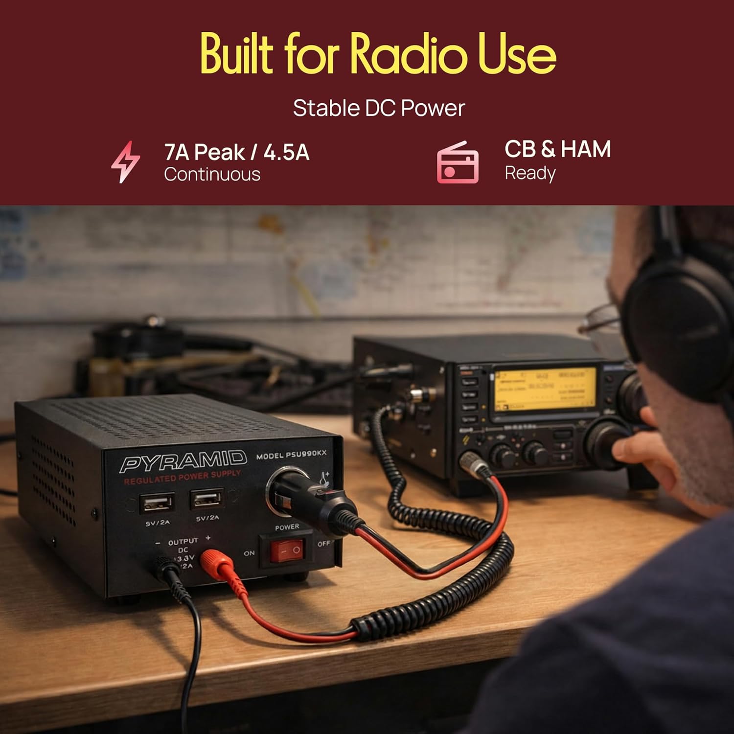 Universal Compact Bench Power Supply - 7 Amp Regulated Home Lab Benchtop AC-Dc Converter Power Supply for CB Radio, HAM W/ 13.8 Volt Dc 120V AC Supply, Dual USB, Cigarette Lighter - Pyramid PSU990KX