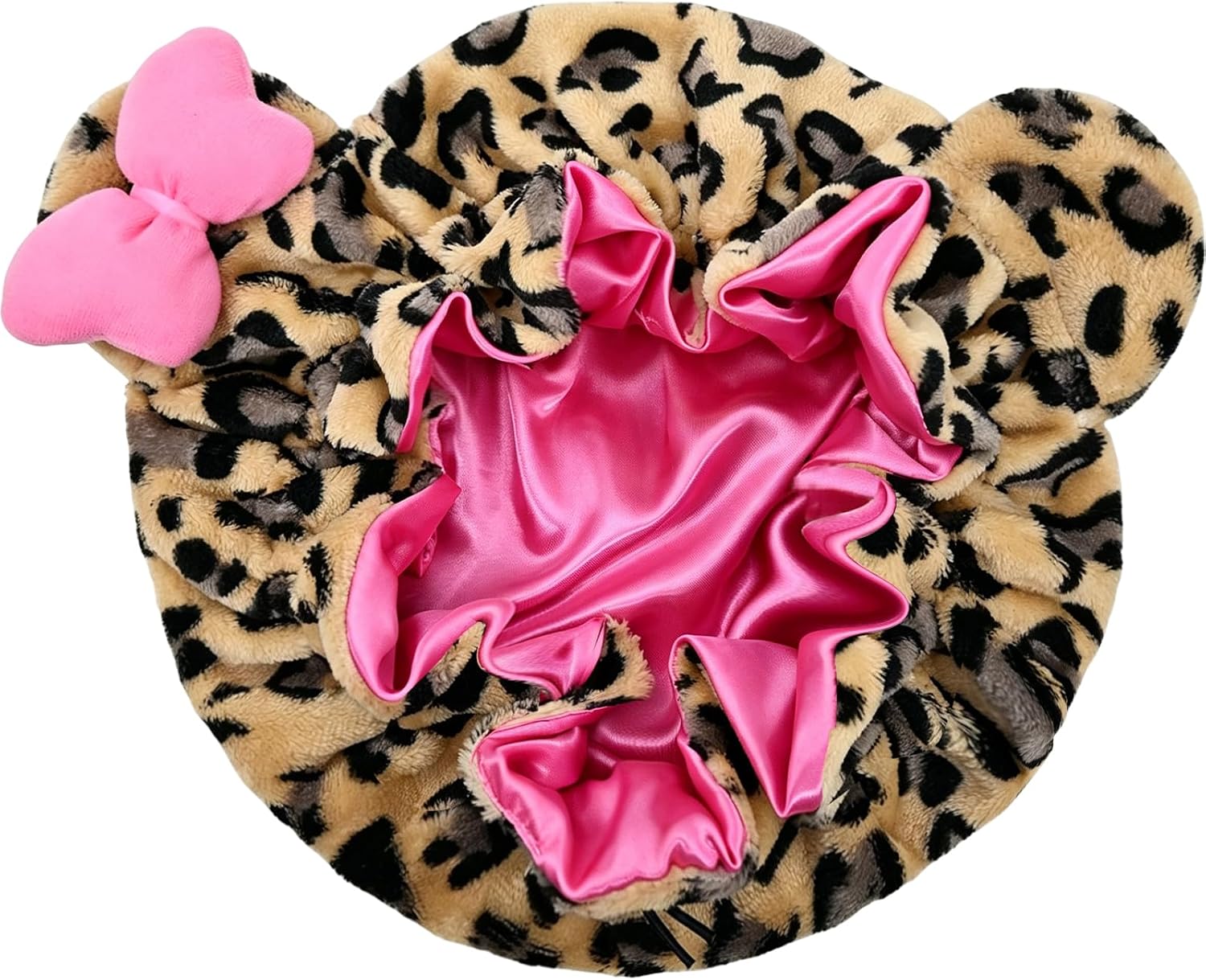 Cute Animal Ears Sleep Cap with Satin Lining Adjustable Plush Hair Bonnet for Women Soft Night Hat with Bow Leopard Print
