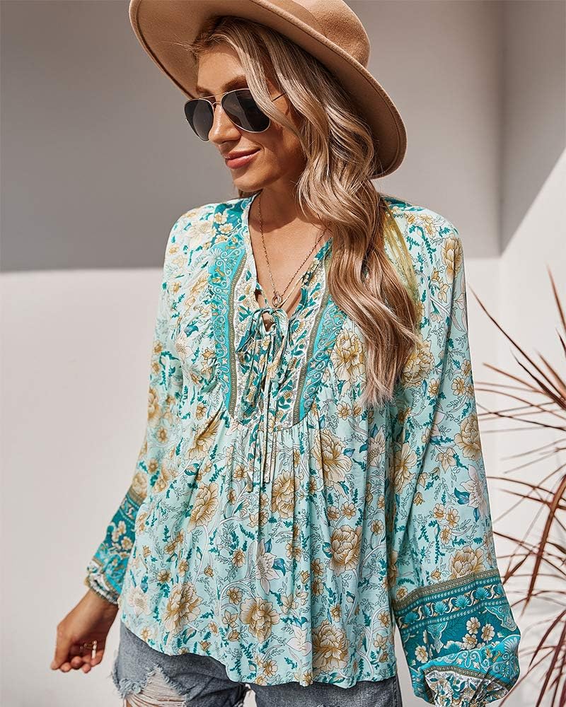 Women's Casual Floral Print V Neck Top Loose Boho Long Sleeve Beach Shirts Blouses - Image 2