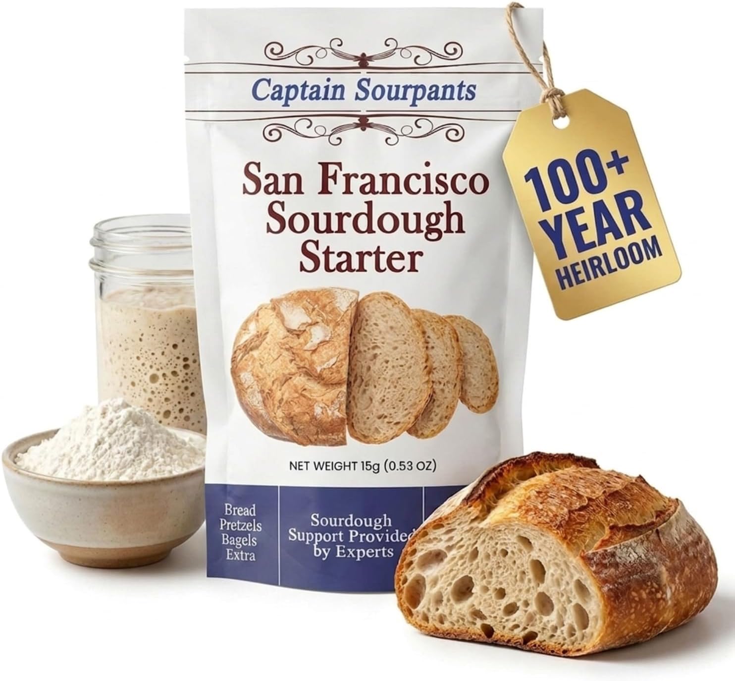 San Francisco Sourdough Starter Culture- 100+ Year Old Dehydrated Heirloom Style Sourdough Starter Kit for Sourdough Bread, Pizza, Buns, Pancakes, Muffins | Easy to follow instructions. By Captain