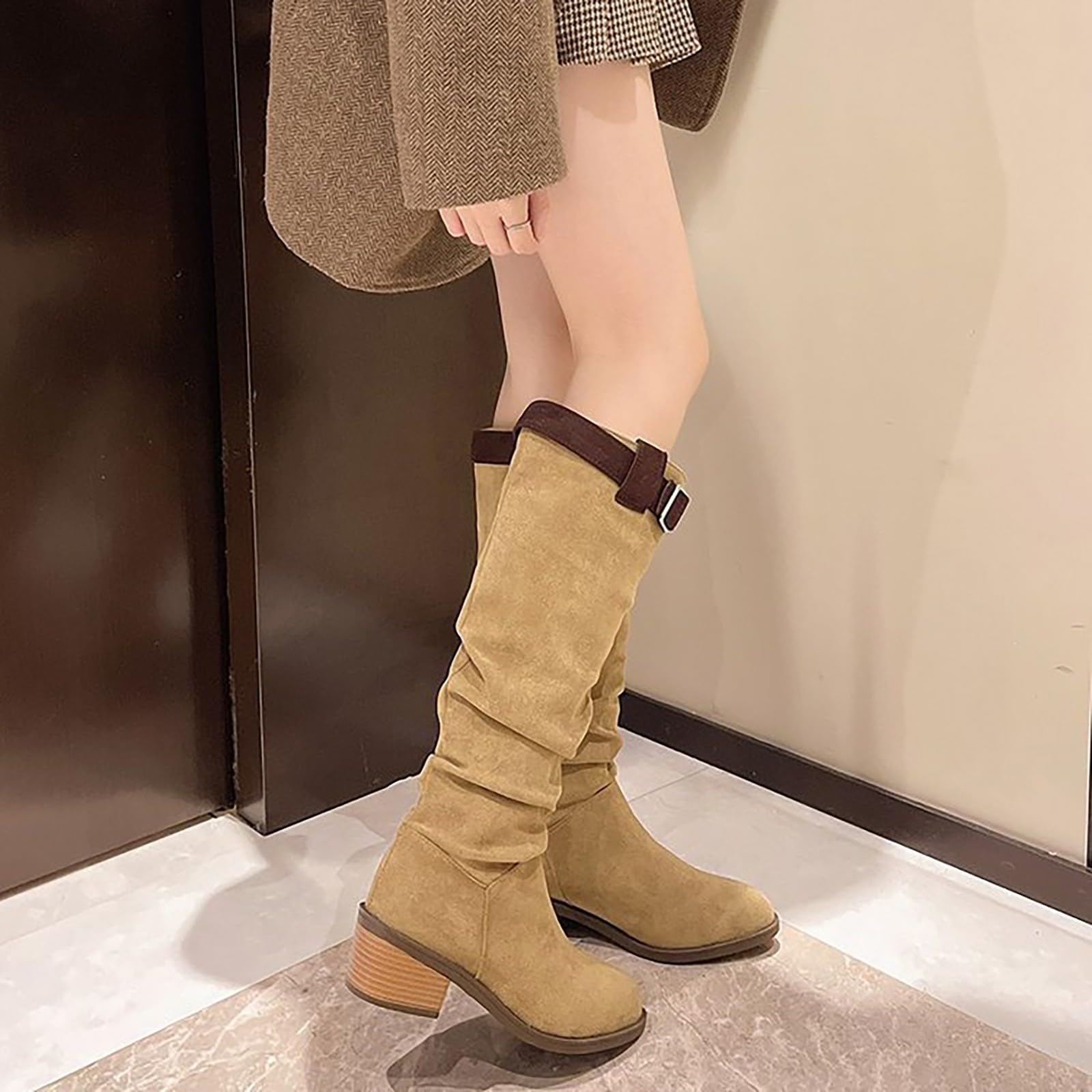 Stivali western in pelle con tacco a blocco, stivali da donna neri con