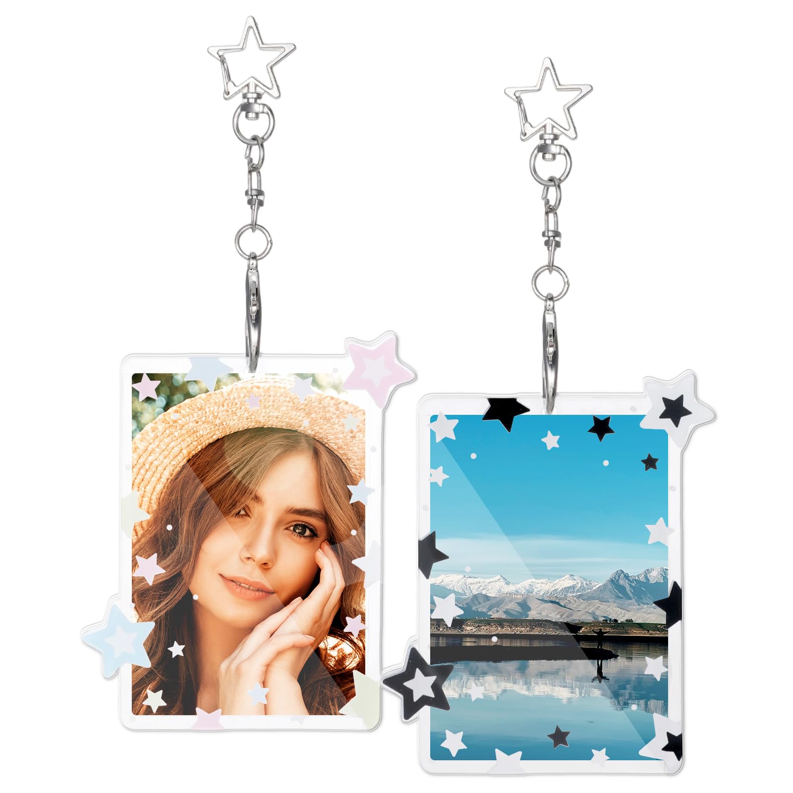 2 Pcs Star Photocard Holder Keychain Cute Photocard Keychain Clear Acrylic Id Badge Holders Locket Key Chain, Cute Photo Card Case Hard Protective Cover with Star Pendant for Cards, Bus Pass