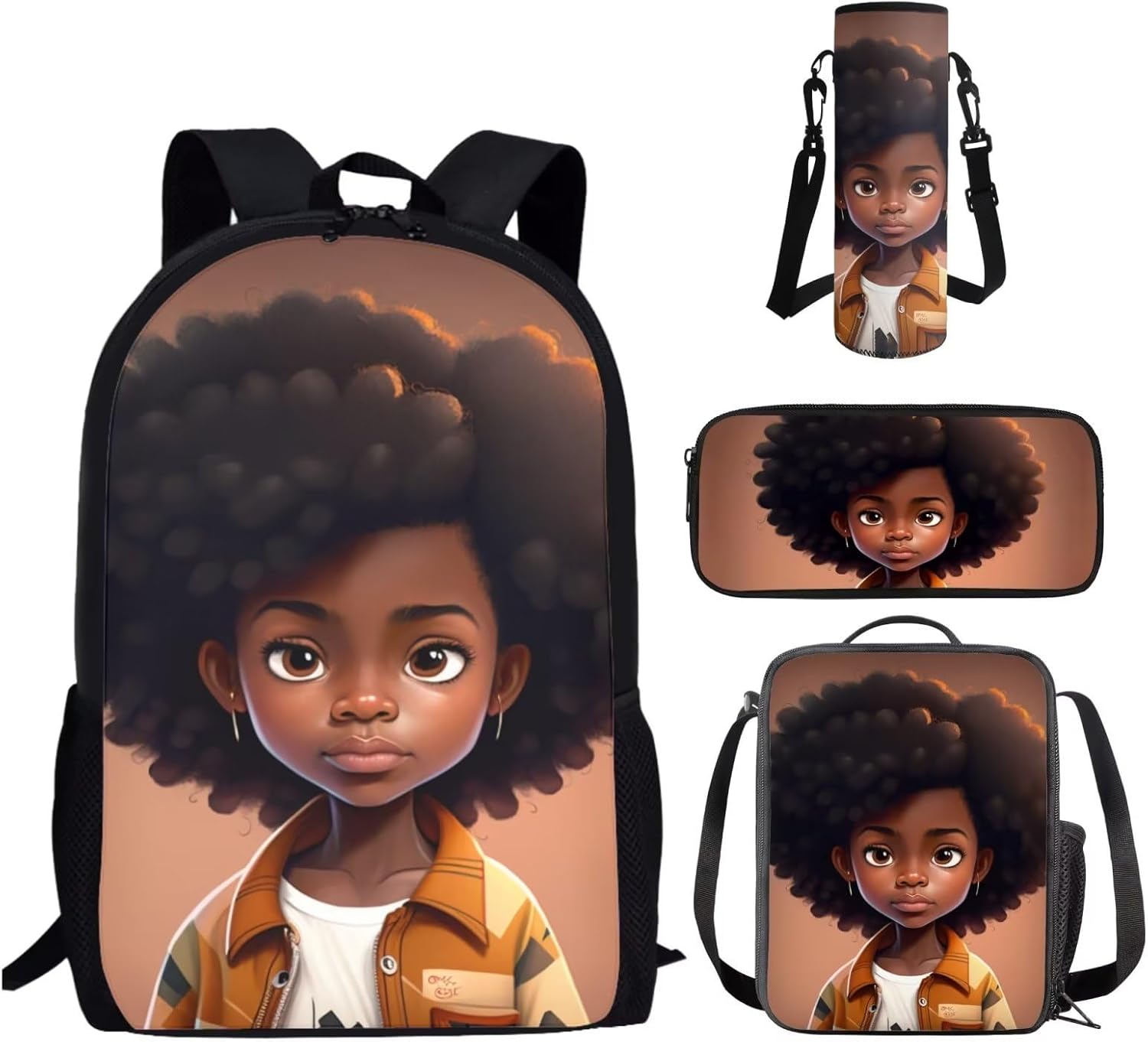 HUIACONG Afro Black Girls Backpack with Lunch Box Set