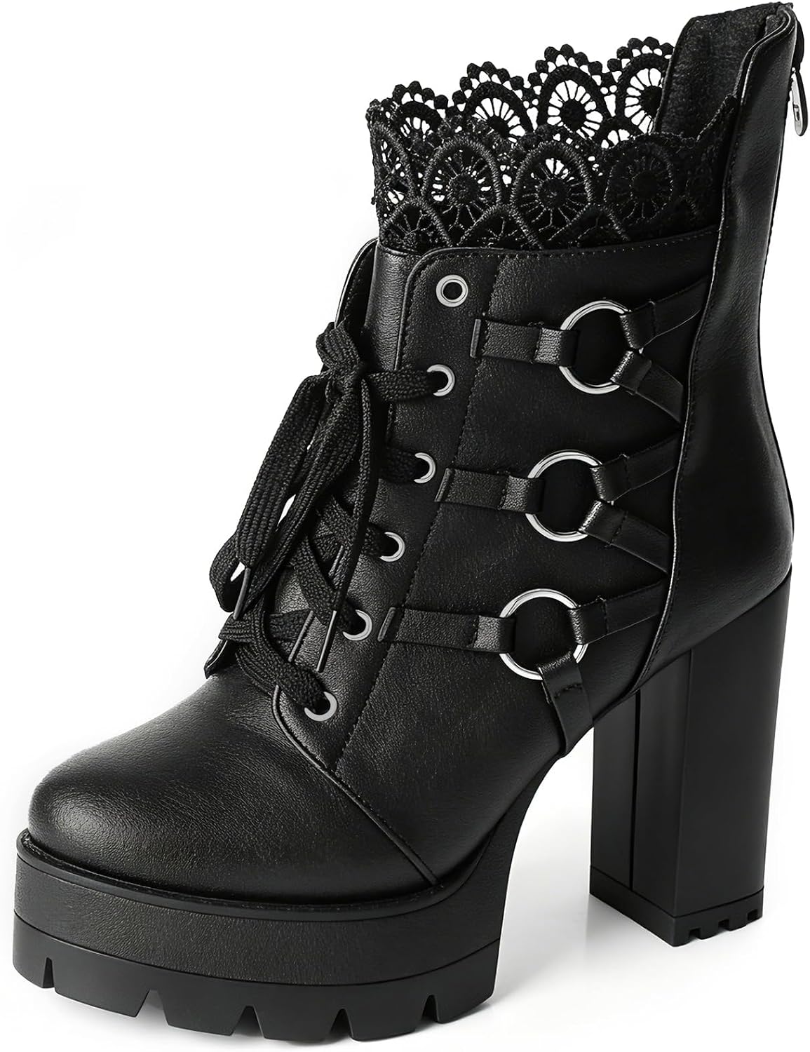 FOREADA Black High Heel Boots For Women Platform Booties Chunky Heeled Fashion Lace Up Goth Ankle Boots with Zipper Round Toe Punk Gothic Shoes