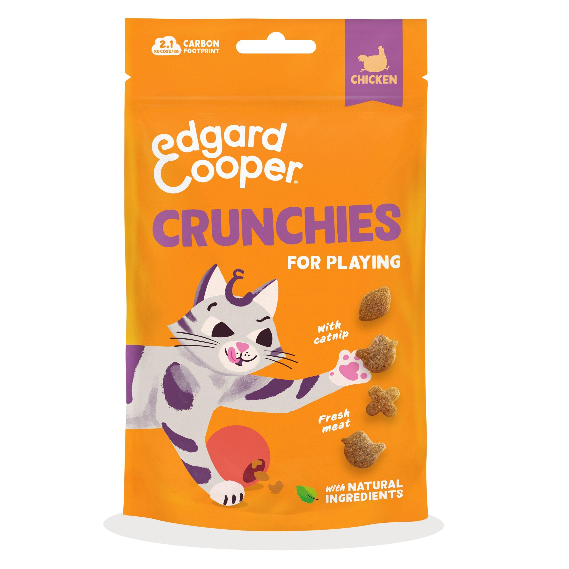 Edgard Cooper natural cat treats, chicken crunchies 1 x 50g bag, grain free and packed with fresh meat, with added catnip for playing, natural ingredients no added sugar