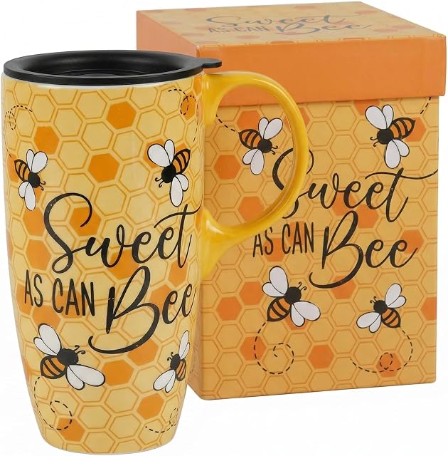 Ceramic Mug Porcelain Coffee Mug Tall Coffee Cup with Lid, Handle and Gift Box Latte Mug, 17oz. Bee