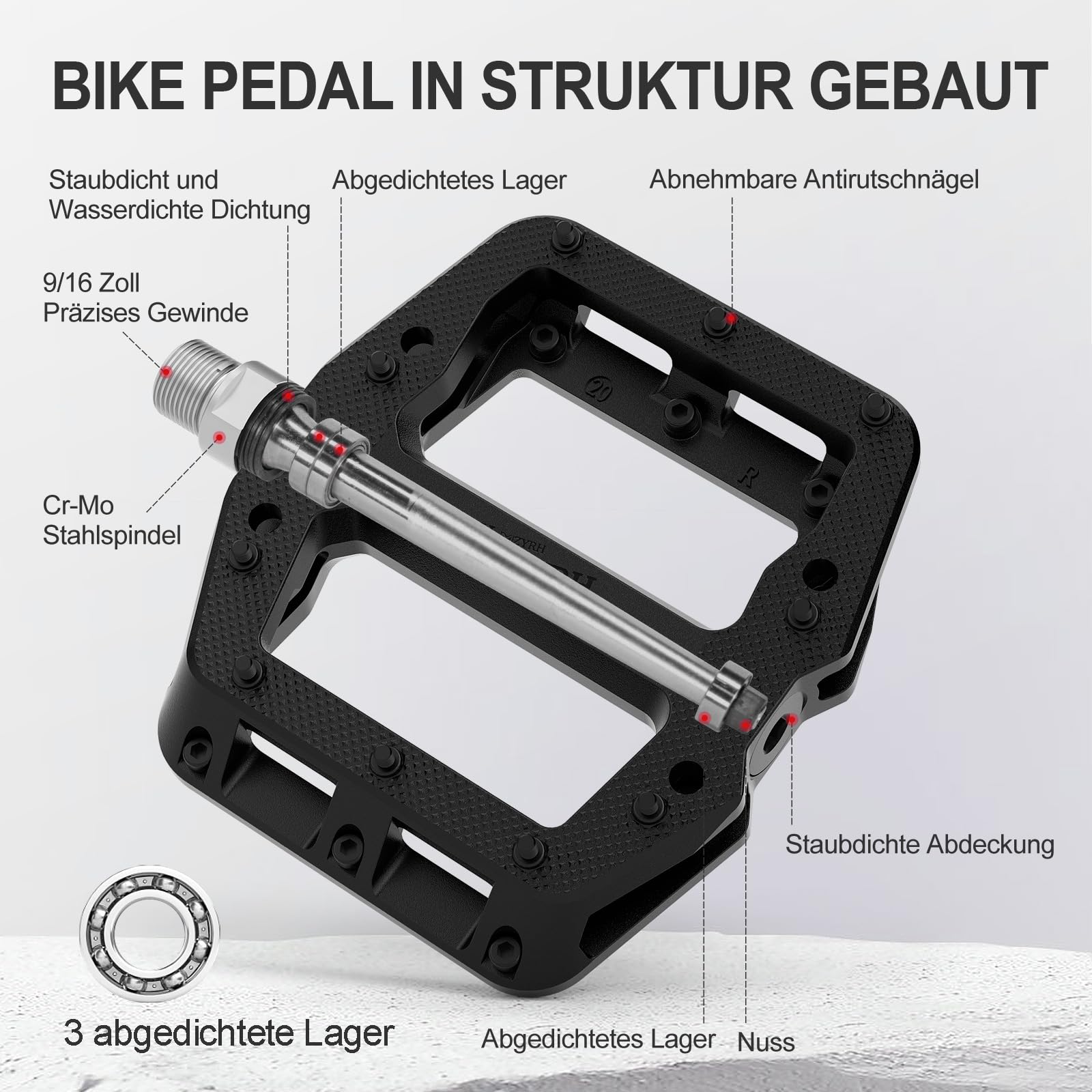 MZYRH MTB fietspedalen, nylon, 3 lagers, composiet 9/16, zeer sterk, antislip fietspedalen, oppervlak voor weg/BMX, MTB, Fixie Bikesflat