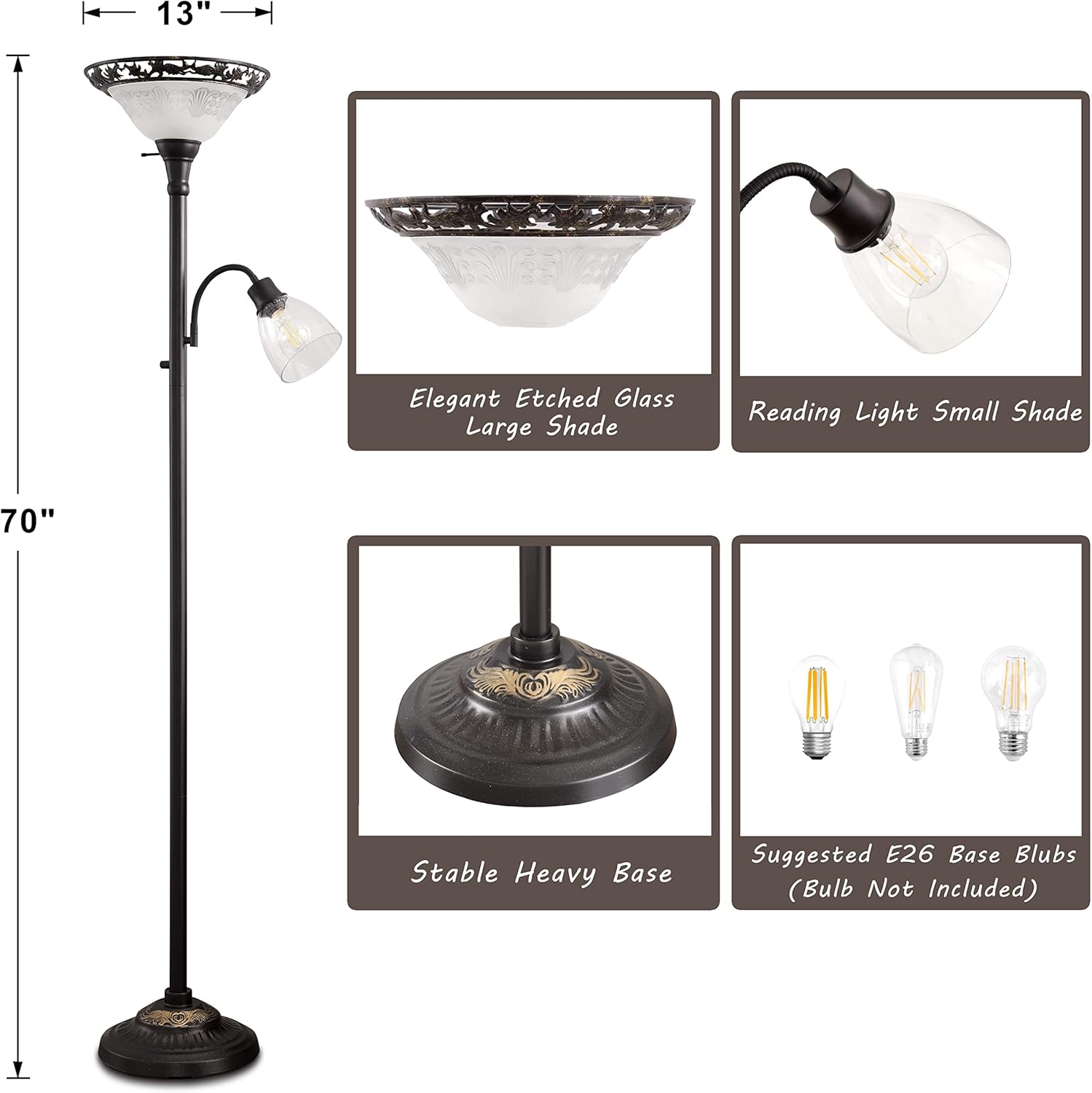 Floor Lamps for Living Room, 70" Floor Lamp Standing Torchiere Lamp with Etched Glass Shade, Metal Pole & Heavy Base, Vintage Tall Corner Lamp Decor for Bedroom, Living Room, Office. No Bulbs (2 Head)