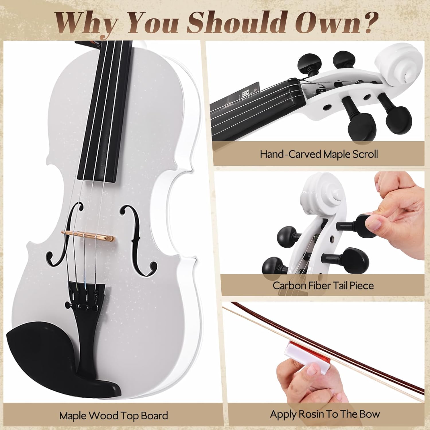 4/4 Solid Wood Violin – Colorful Finish, Ebony Fittings, Student Full-Size Violin Starter Kit with Tuner, Shoulder Rest & Extra Strings (White)