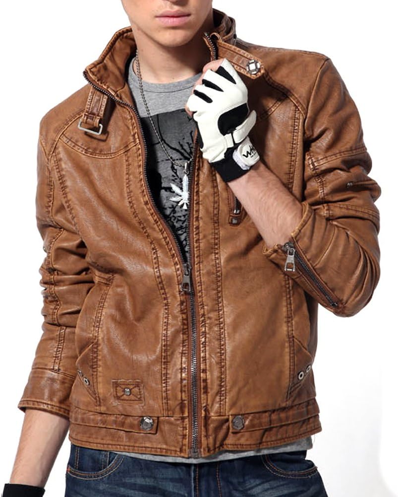 LOCOMO Men Faux Leather Moto Motorcycle Biker Vintage Coat Jacket FMJ001LBRNL