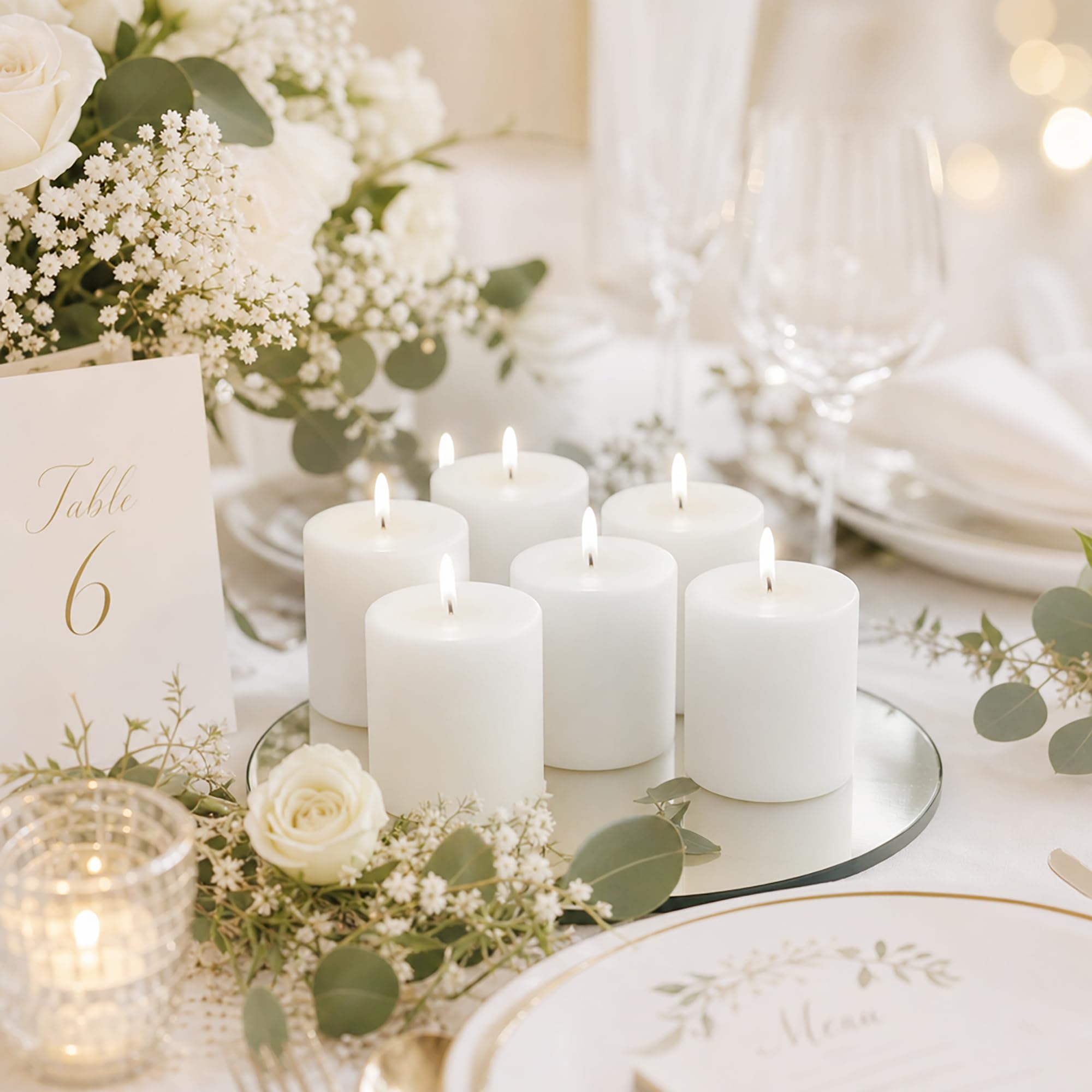 Hosley White Pillar Candles Set of 6 | Unscented Smokeless Decorative Candles | Soy Blend Wax| Long Burning- 30 Hours, 2Inch high Candle for Home Decor, Diwali Decoration, Prayer, Wedding & Gifting-picture-10
