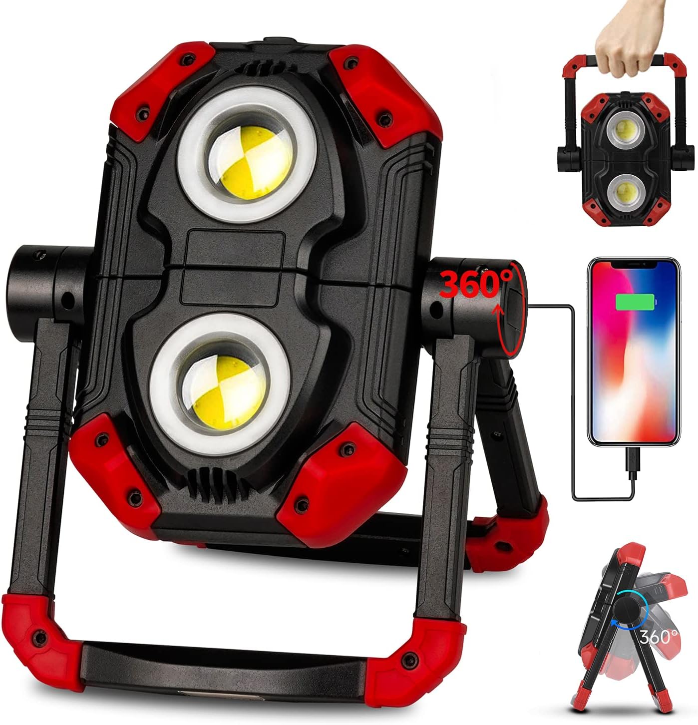 LED Work Light Rechargeable, 2 COB 2500LM Folding Portable Flood Light with Magnetic Base and 360° Rotation Stand, Spotlights for Camping, Car Repairing, Emergency and Job Site Lighting