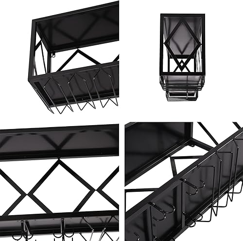 Miniatura 8 de Gdrasuya10 Estante de vino grande montado en la pared, estantes de vino negro, estante de copa de hierro, licor de vino, soporte para exhibición de