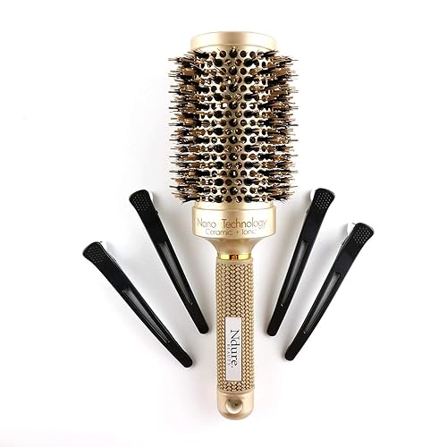 Miniatura 4 de Cepillo de pelo para secado con soplado, rizado y alisado, cepillo de cerdas de jabalí de cerámica y iónico con 4 clips incluidos