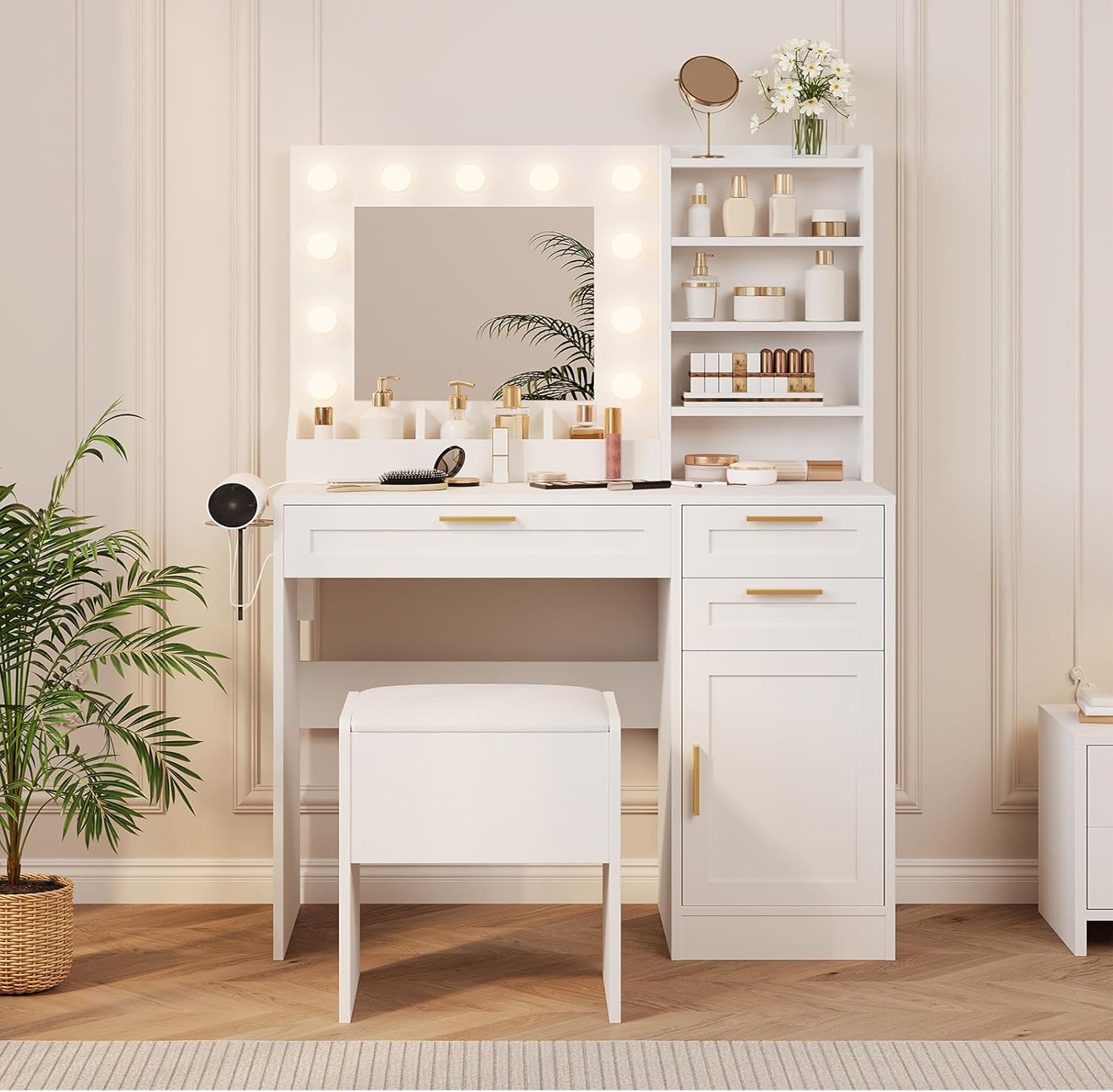Vanity Desk with Mirror and Lights, 37" Makeup Vanity Set, Makeup Vanity Desk with 3 Drawers, Padded Stool, Cabinet, 3 Color Adjustable Brightness, Power Outlets, Dressing Table for Bedroom(White)