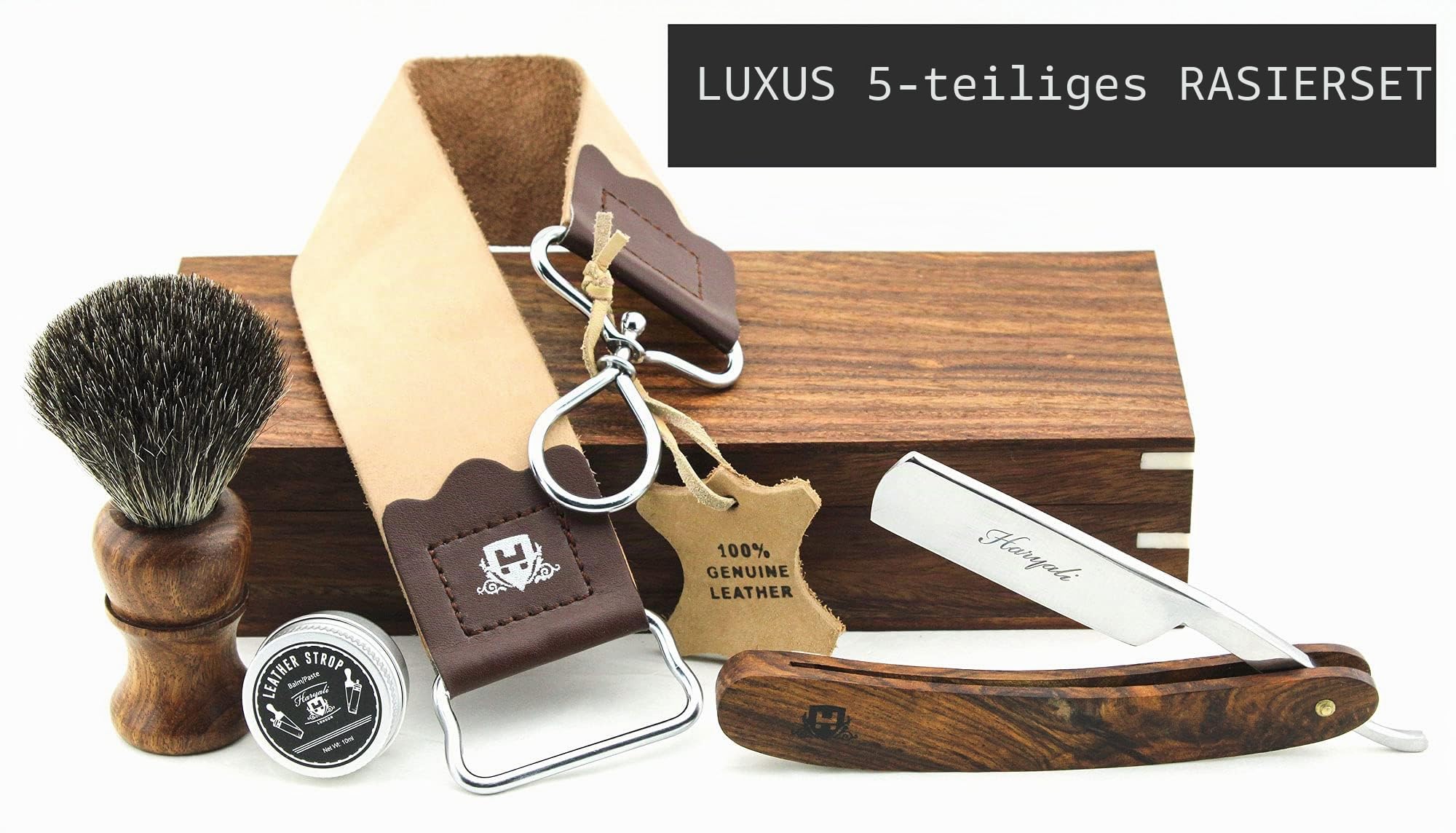 Haryali London Holzbox mit Rasierzubehör (Rasiermesser, Rasierpinsel, Abziehriemen, Schleifpaste) 5-teiliges luxuriöses Set.