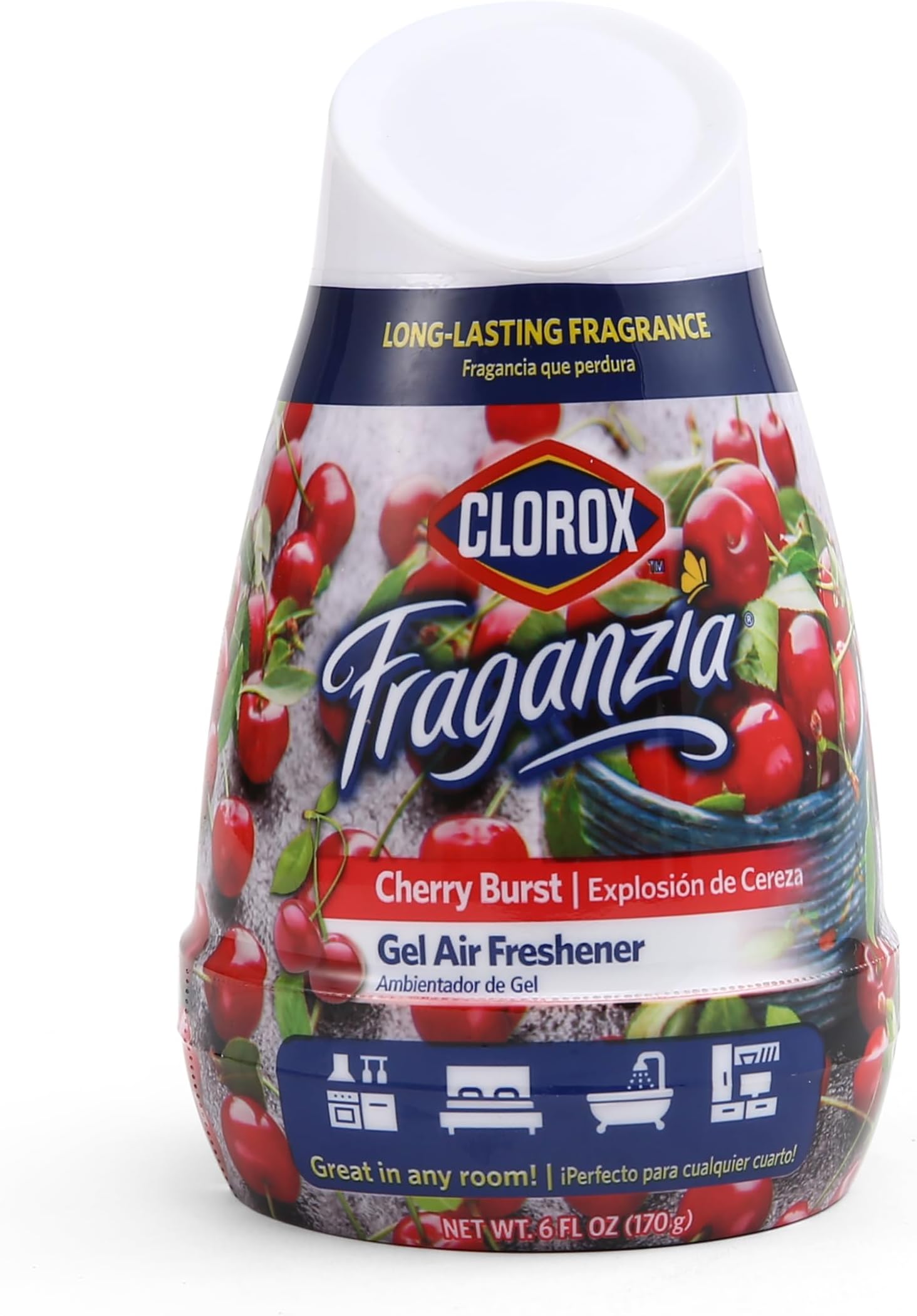 Clorox Fraganzia Gel Air Freshener Cone in Cherry Burst Scent, 6oz | No-Plug, Battery-Free Air Freshener for Small Rooms, Closets, Kitchens, Bathrooms, Offices and More (Pack of 6)