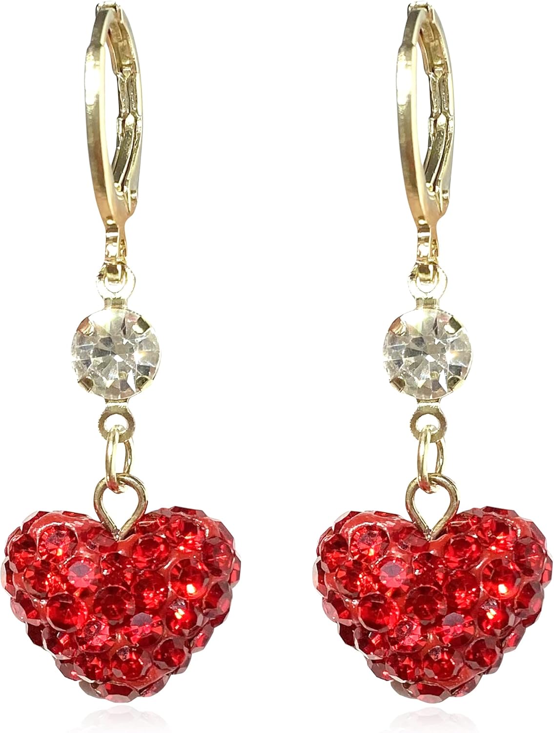 Elegant Dainty 18k Gold Red Sparkly Crystal Love Heart Dangle Drop Earrings Rhinestone Heart Huggie Hoop Earring for Women Valentine's Day Mother's Day Jewelry Gifts