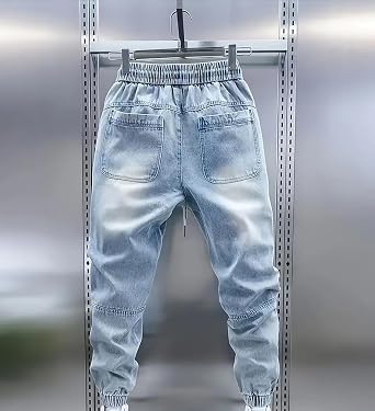 Men's Stretchy Drawstring Jeans Elastic Waist Slim Fit Denim Pants Tapered Regular Washed Jean Pant