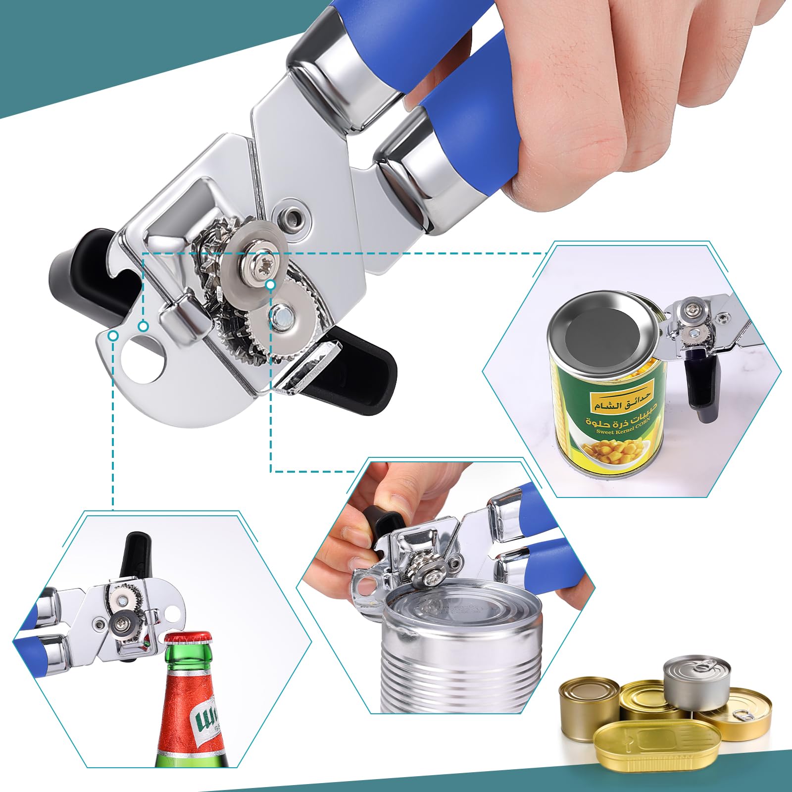 Tin Opener, Lychico 3-in-1Can Opener Handheld Heavy Duty Stainless Steel Can Openers with Multifunctional Bottle Opener, Blue - Image 2