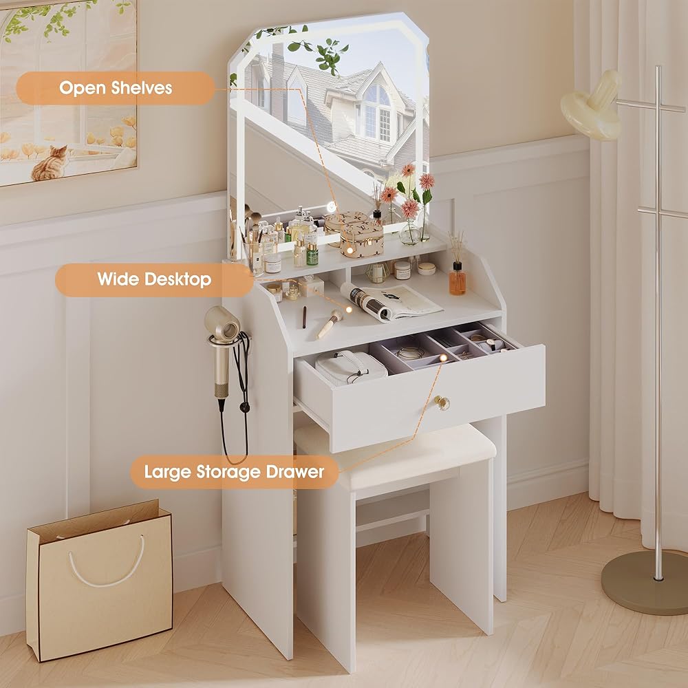 Small Makeup Vanity Desk with Mirror and LED Lights, Barbados