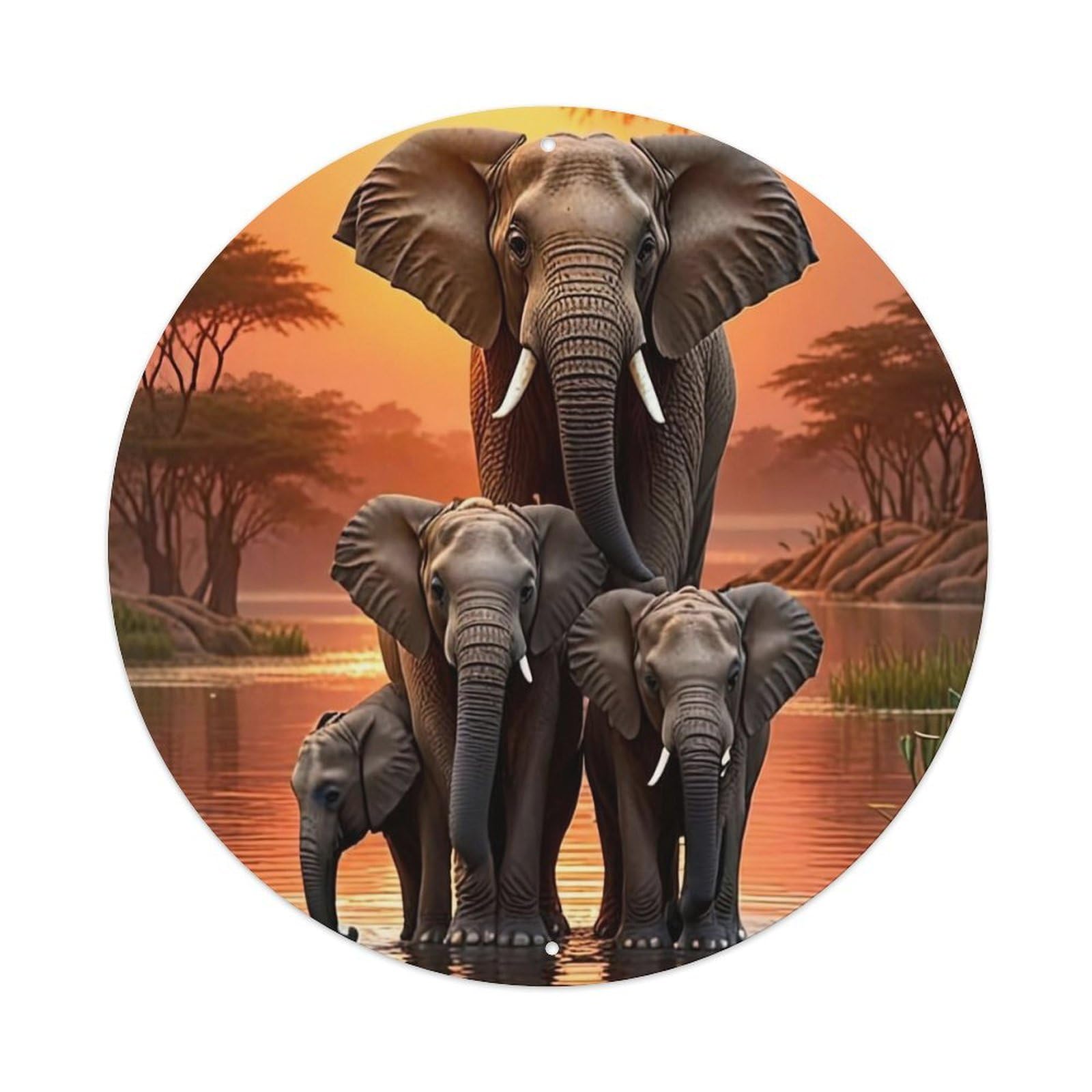 African Elephant Sunset Watering Hole Serene Wildlife Ambiance Vintage Metal Tin Sign Plaque Wall Decor for Cafe, Club Bar, Office, Garden Metal Poster 8x8Inch