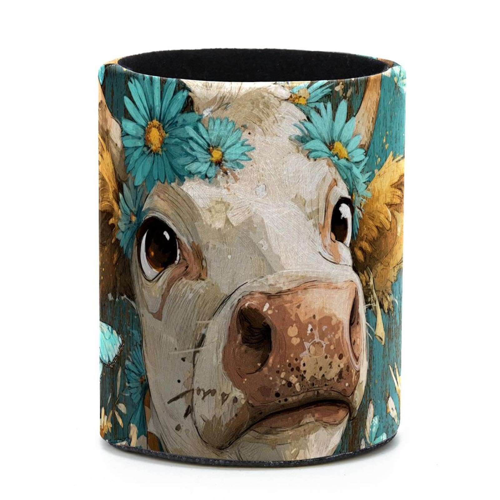 VAPOKF Round Pencil Holders for Desk, Blue Daisies and Cow Pen Holders Pen Pot Makeup Brushes Storage Desktop Stationery Supplies Organiser for Home Office