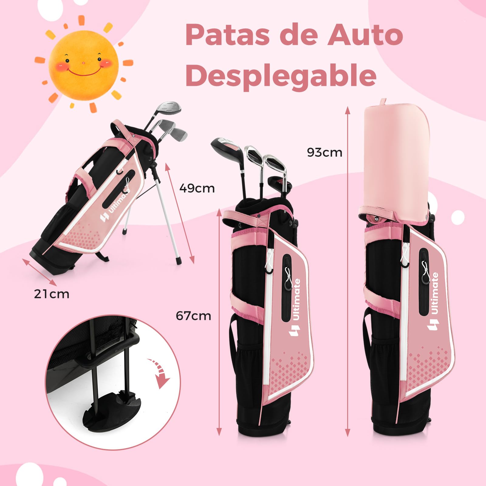 COSTWAY Juego de Palos de Golf para Niños de 8 a 10 Años, Incl. Bolsa de Soporte con Capucha para Lluvia, Driver n.º 1, Hierros y Putter n.º 7#S para Niños y Niñas, Diestros