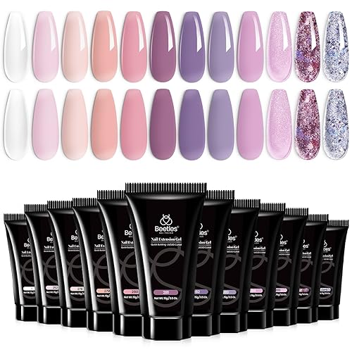 Miniatura 134 de Beetles - Kit de gel de extensión de uñas de polietileno con luz UV: juego de 6 colores de gel constructor rosa con purpurina blanca con capa base