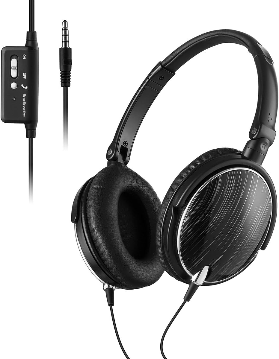 Active Noise Cancelling Over-Ear Headphones with Inline Microphone and Carrying Case, Lightweight Travel Headset, Black, Wired