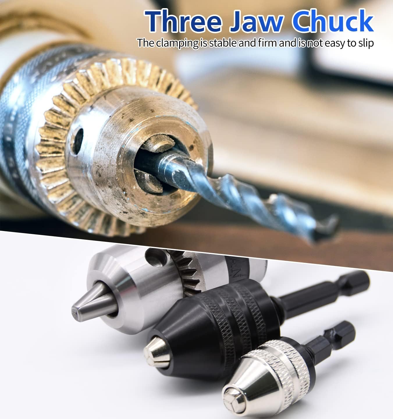 Drill Chuck, 3pcs Drill Chuck Adapter(0.3-3.6mm, 0.6-8mm, 1.5-10mm) with 1/4” Quick Change Hex Shank, Chuck Key and 1/2” Dr. x 1/4” Quick Change Hex adapter, for Impact Drill Tool Attachment - - 
