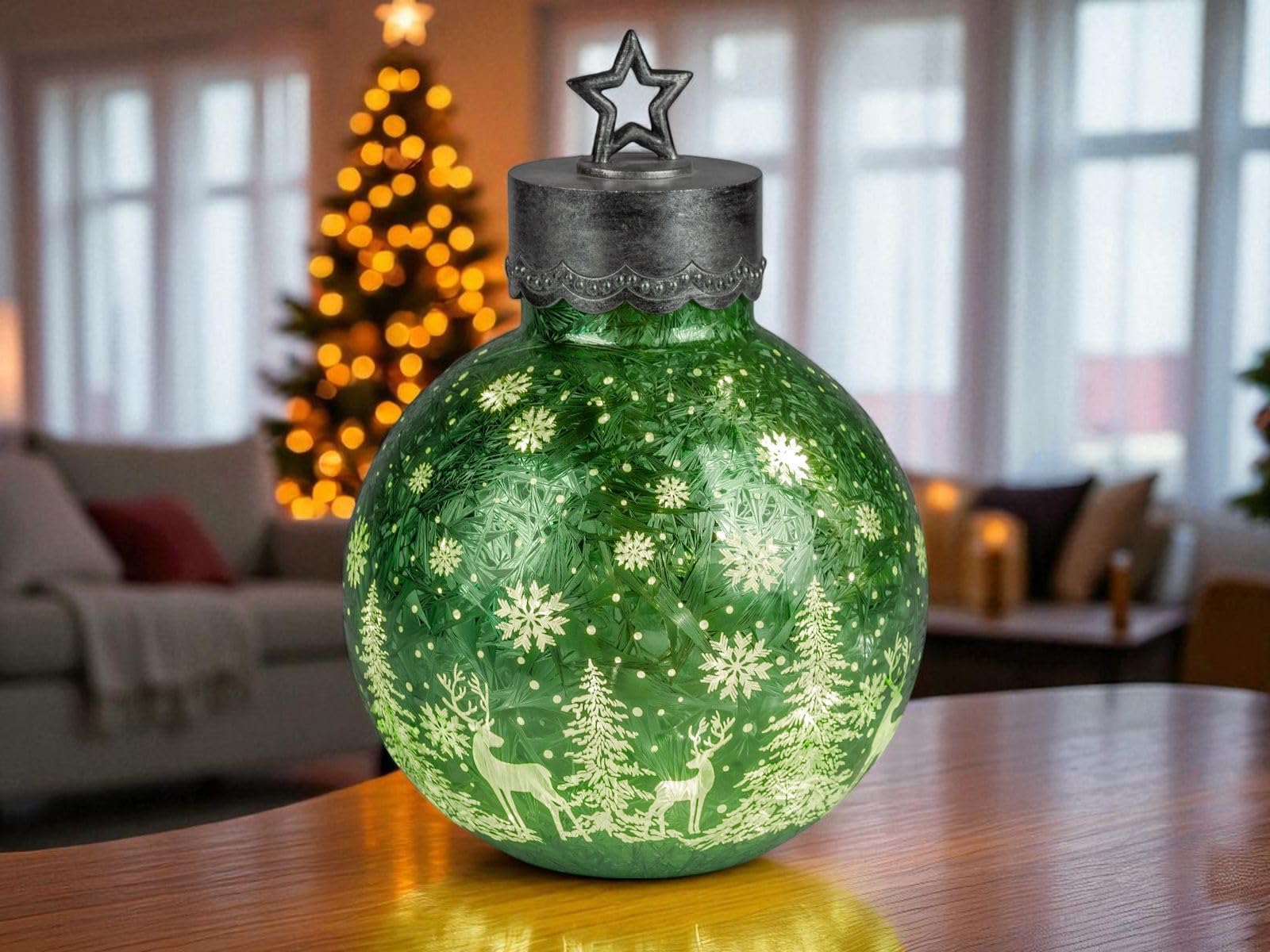 formano LED Deko-Kugel Frosty Gruen 35 cm Farb-Glaskugel Ice-Optik Timer 6h/18h beleuchtet - Batteriebetrieben - Herbst Winter Weihnachtsdeko für Tisch Regal Fensterbank